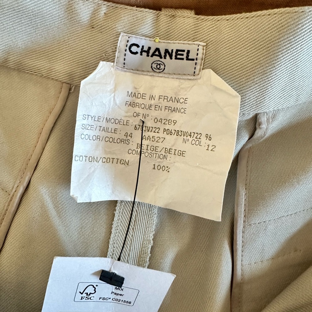 Chanel 100% Cotton Twill Pleated Trousers Signature Silver CC buttons